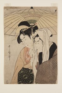 Mies ja nainen sateenvarjon alla (värillinen puupainatus) tekijältä Kitagawa Utamaro