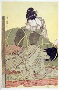 Äiti imettävä vauva hyttysverkon alla par Utamaro, Kitagawa (1753-1806), n. 1795 - Värillinen puupiirros, 37,6x24,6 - Yksityiskokoelma tekijältä Kitagawa Utamaro