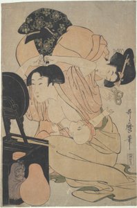 Äiti imettävän vauvan ja hoitajan kanssa tekijältä Kitagawa Utamaro