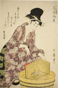 Murasaki Shikibu: Lintu, sarjasta "Kuuluisia naisia ja heidän runojaan kukista, linnuista, tuulesta ja kuusta (Meifu eika kacho fugetsu)" tekijältä Kitagawa Utamaro