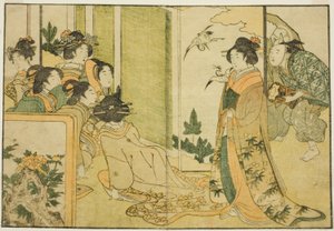 Uudenvuoden manzai-esitys feodaalisen lordin kartanossa, kuvitettu kirja "Picture Book: Flowers of the Four Seasons (Ehon shiki no hana)", osa 1. tekijältä Kitagawa Utamaro