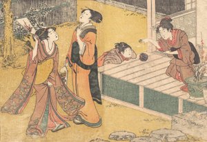 Uudenvuoden pelit painetusta kirjasta Flowers of the Four Seasons Shiki no hana, 1801. tekijältä Kitagawa Utamaro