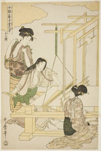 Nro 12 (kesäkuu), sarjasta "Naiset, jotka harjoittavat maataloutta (Joshoku kaiko tewaza-gusa)" tekijältä Kitagawa Utamaro