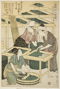 Nro 3 (san), sarjasta "Naiset, jotka harjoittavat maataloutta (Joshoku kaiko tewaza-gusa)" tekijältä Kitagawa Utamaro