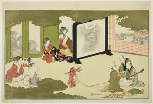 Koulutetun apinan esitys kuvitetusta runokokoelmasta nimeltä "The Young God Ebisu (Waka Ebisu)" tekijältä Kitagawa Utamaro