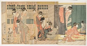 Aamukohtaus japanilaisessa "suvaitsevaisuuden talossa" (karitaku) - Kitagawa Utamaro (1753-1806) vedos tekijältä Kitagawa Utamaro