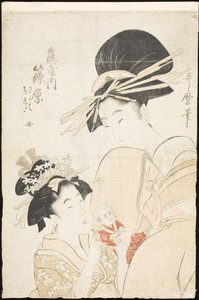 Shinohara Tsuruyasta sekä kamurot Wakaba ja Chieda tekijältä Kitagawa Utamaro