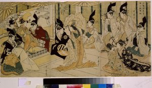 Shizuka Gozen tanssii Tsurugaoka Wakamiya -pyhäkön seremonian aikana. Shizuka Gozen (1100-luku), Minamoto no Yoshitsunen tanssija ja rakastajatar (1159-1189). Kitagawa Utamaron (1754-1806) teos, etsaus, noin 1796. Japanilainen taide tekijältä Kitagawa Utamaro