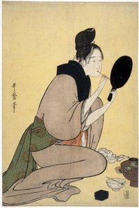 Kauneudesta: nainen meikkaa huuliaan - Bijin-ga. Tyttö meikkaa huuliillaan, Utamaro, Kitagawa (1753-1806), - Värillinen puupiirros, 37,7x25,2 - Yksityiskokoelma tekijältä Kitagawa Utamaro