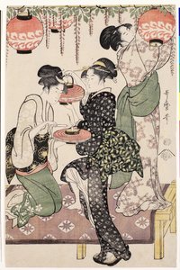 Teehuonetytöt wistaria espalierin alla, 1795 tekijältä Kitagawa Utamaro