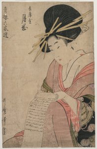 Hyogoyan kurtisaani Tsukioka vierittää kirjettä (sarjasta A Selection of Six Authors in the Green Houses) tekijältä Kitagawa Utamaro