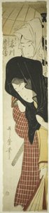 Kuriiripalvelun kurtisaani Umegawa ja Chubei (Umegawa, Chubei), n. 1797 (värillinen puupainatus, hashira-e) tekijältä Kitagawa Utamaro
