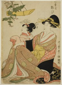 Yoshiwaran mäntyneulatalon kurtisaani Yoso-oi ja hänen avustajansa (Matsubaya Yoso-oi) tekijältä Kitagawa Utamaro