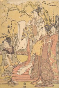 Chojiyan Oiran Hinazuru seisoo Futon-kasan päällä, n. 1794. tekijältä Kitagawa Utamaro