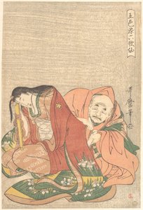 ”Runoilija Sōjō Henjō (816-890) sujauttaa kirjeen naisen hihaan”, sarjasta Rakkauden viisi väriä kuudelle kuolemattomalle runoilijalle (Goshiki-zome rokkasen) tekijältä Kitagawa Utamaro