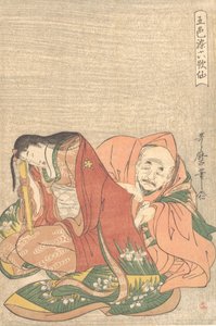 "Runoilija Sojo Henjo 816-890 pujahti kirjettä naisen hihaan..., n. 1798. tekijältä Kitagawa Utamaro