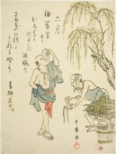 Kuudes kuukausi (Rokugatsu), nimettömästä genrekohtausten sarjasta kahdentoista kuukauden aikana, kyoka-runoilla tekijältä Kitagawa Utamaro