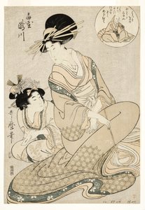 Kurtisaani Takigawa ja hänen palvelijansa Ogiyasta viittauksena runoilijaan, 1800-02 (puupiirros). tekijältä Kitagawa Utamaro