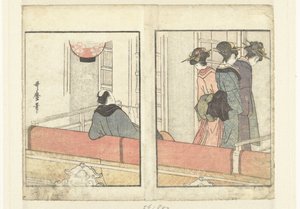 Teatterimaja Katsaus näyttelijöiden kulissien taakse (sarjan nimi) Yakusha gakuya tsu (sarjan nimi) tekijältä Kitagawa Utamaro