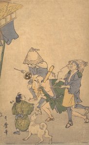Kolme alempien luokkien juhlijaa, yllään Komuso-hatut..., 1700-luvun loppu - 1800-luvun alku. tekijältä Kitagawa Utamaro