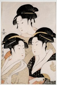 Kolme aikamme kaunista. Utamaro Kitagawan (1753 - 1806) japanilainen printti Ukiyo-E, noin 1794. Paris, Musee Guimet tekijältä Kitagawa Utamaro