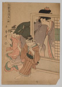 Kaksi lasta ja nainen pelaamassa Blind Mans Bluffia, 1753-1806. tekijältä Kitagawa Utamaro