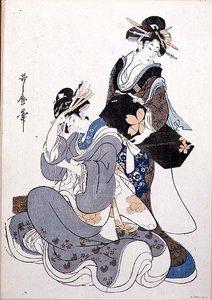 Kaksi naisfiguuria (värillinen puupainatus tekijältä Kitagawa Utamaro