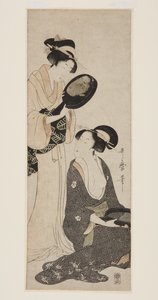 Kaksi naista, kummallakin osa lakattua peiliä (värillinen puupainatus) tekijältä Kitagawa Utamaro