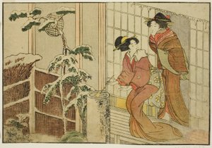 Kaksi naista verannalla lumisena aamuna, kuvitetusta kirjasta "Picture Book: Flowers of the Four Seasons (Ehon shiki no hana)," voi. 2 tekijältä Kitagawa Utamaro
