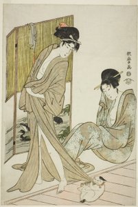 Kaksi nuorta naista kylvyn jälkeen tekijältä Kitagawa Utamaro
