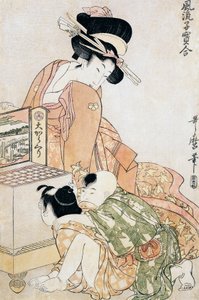 Kaksi lasta katsomassa isoon optiseen laatikkoon tekijältä Kitagawa Utamaro