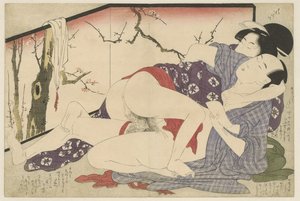 Pariskunta rakastelemassa taittuvan näytön vieressä Negai no itoguchi (sarjan nimi) tekijältä Kitagawa Utamaro