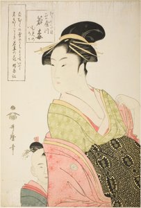 Tamayan Wakaume Edo-cho itchomessa ja hänen lastenhoitajansa Mumeno ja Iroka (Edo-cho itchome, Tamaya uchi Wakaume Mumeno Iroka) tekijältä Kitagawa Utamaro