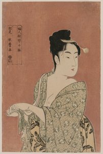 Nainen kuivaa käsiään sarjasta Ten Aspects of the Physiognomy of Women, c. 1793. tekijältä Kitagawa Utamaro