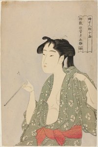 Nainen uloshengittää savua piipusta sarjasta "Ten Classes of Women’s Physiognomy (Fujo ninso juppon)" tekijältä Kitagawa Utamaro