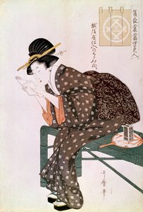 Nainen lukemassa. Valmistettu Echigoya-krepistä. Summer Ensemble Series: Beautes of Our Time.”” Japanilainen print Utamaro Kitagawa (1753-1806). 1804-1806. Himmeä. 0,37x0,25 m. Pariisi, Guimetin museo, Aasian taiteen museo tekijältä Kitagawa Utamaro