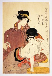 Nainen pesemässä itseään, noin 1803, kuvitus Kitagawa Utamaro (1753-1806) Hana Awase Kesho Kurabelta, Aiban-tate-e puupiirros, japanilainen sivilisaatio, Edo-kausi tekijältä Kitagawa Utamaro