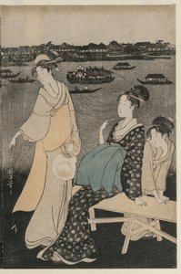 Naiset nauttivat iltaviileästä Ryogokun sillan lähellä tekijältä Kitagawa Utamaro