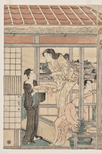 Naiset ripustavat pyykkiä parvekkeelle kuivattavaksi tekijältä Kitagawa Utamaro