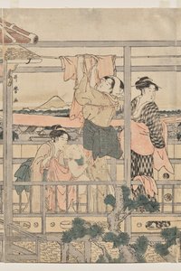Naiset ripustavat pyykkiä parvekkeelle kuivattavaksi tekijältä Kitagawa Utamaro