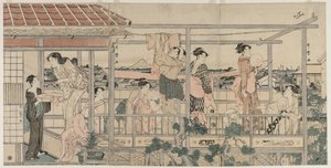 Naiset ripustavat pyykkiä parvekkeelle kuivattavaksi, 1790-luvun alku. tekijältä Kitagawa Utamaro
