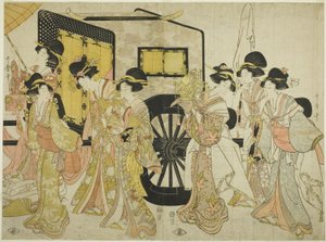 Naiset matkivat keisarillista kulkuetta tekijältä Kitagawa Utamaro