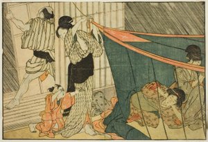 Naiset hyttysverkon sisällä ukkosmyrskyn aikana kuvitetusta kirjasta "Picture Book: Flowers of the Four Seasons (Ehon shiki no hana)," voi. 1 tekijältä Kitagawa Utamaro