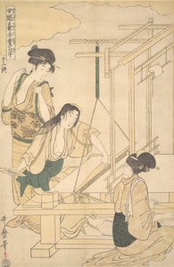 Naiset kutovat silkkikangasta, n. 1800. tekijältä Kitagawa Utamaro