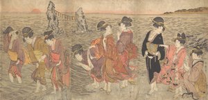 Naiset palvovat nousevaa aurinkoa Twin Rocksin välissä Isessa, 1700-luvun loppu - 1800-luvun alku. tekijältä Kitagawa Utamaro