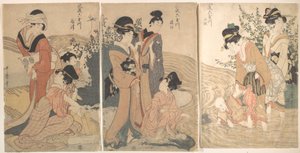 Naisia ja lapsia puron rannalla tekijältä Kitagawa Utamaro