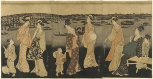 Naiset katsomassa ilotulitteita Sumida-joella tekijältä Kitagawa Utamaro