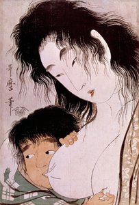 Yamauba ja Kintaro: Utamaro Kitagawan (1753-1806) muinainen japanilainen vedos. Aurinko. 0,37x0,25 m. 1801-1803. Pariisi, Guimetin museo, Aasian taiteen kansallinen museo tekijältä Kitagawa Utamaro