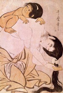 Yamauba ja Kintoki Äiti kampaa hiuksiaan kantaen lastaan selässään. Japanilainen printti Utamaro Kitagawa (1753-1806). 1700-luvulla. Pariisi, Guimetin museo, Aasian taiteen museo