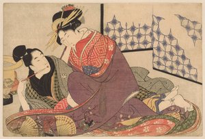 Nuori mies tupakoi kurtisaanin kanssa Jonge mies tapasi courtisane Negai no itoguchi (sarjan nimi) tekijältä Kitagawa Utamaro
